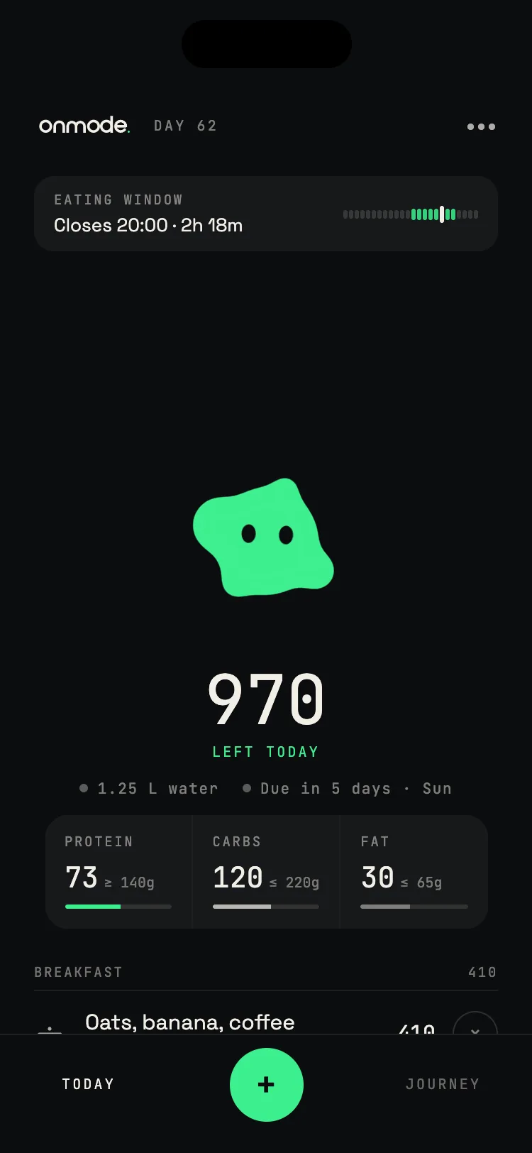 Onmode Today screen: 970 kcal left today, with protein, carbs and fat