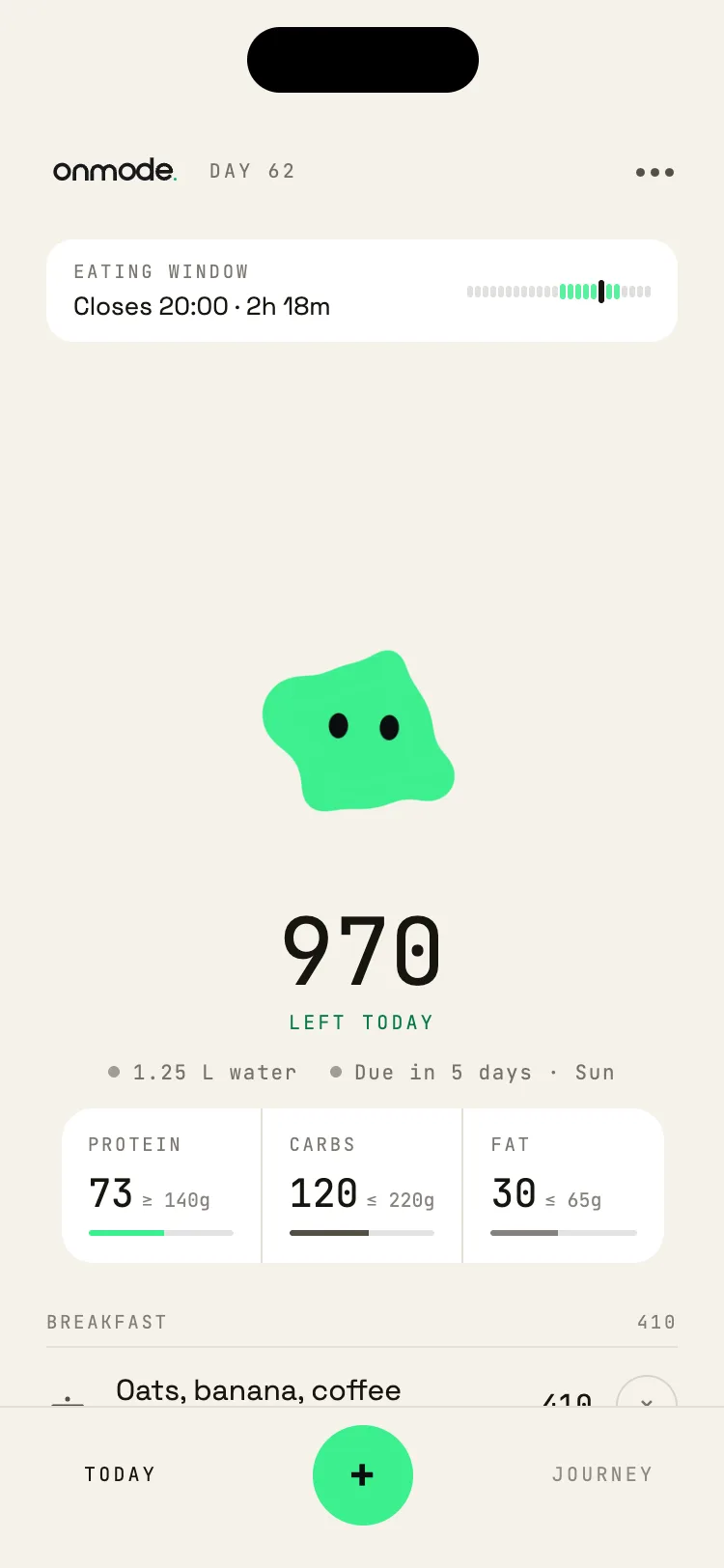 Onmode Today screen in light mode: 970 kcal left