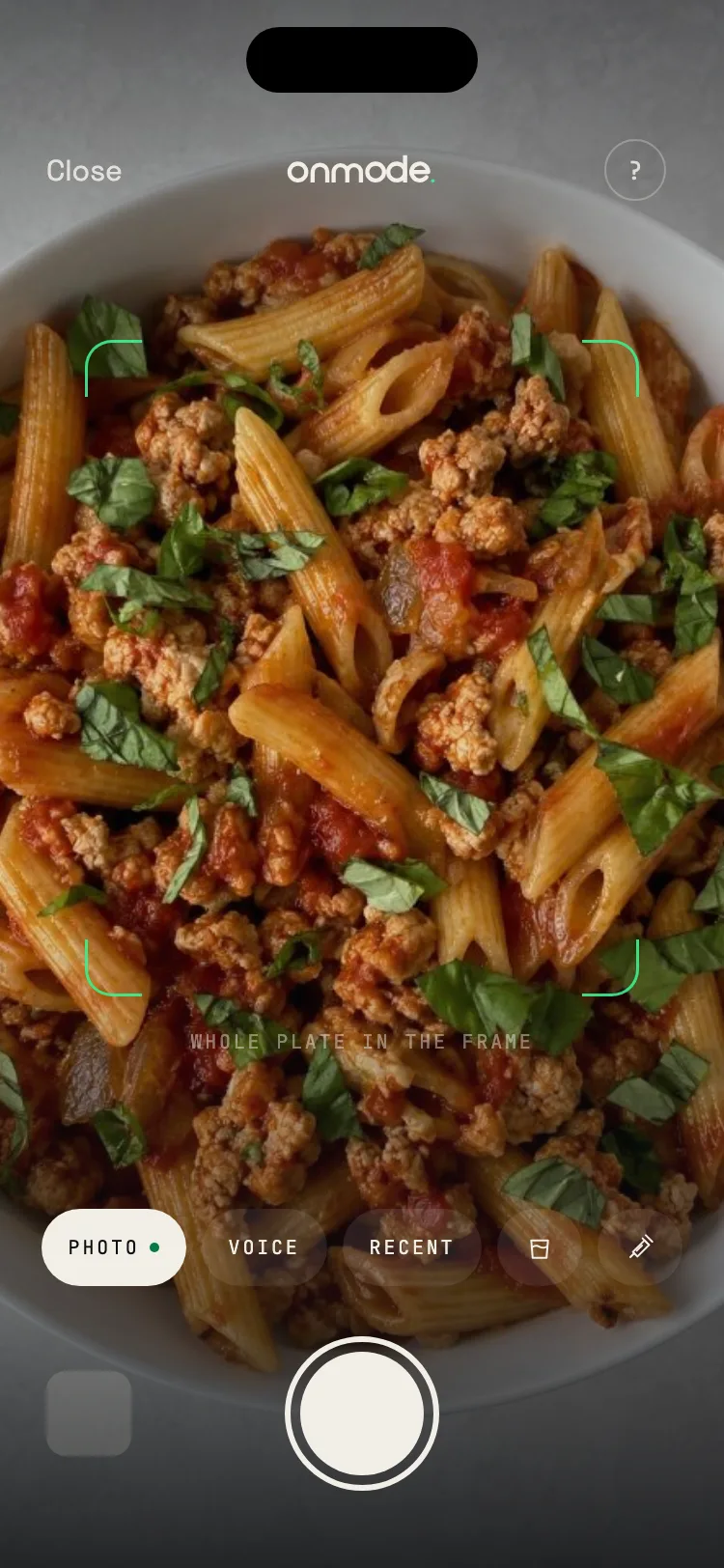 Onmode camera over a plate of pasta, ready to snap