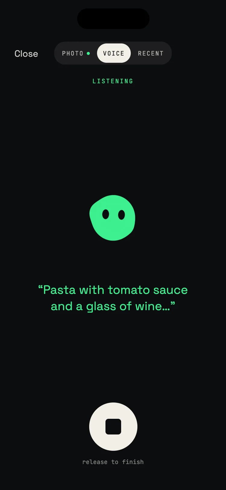 Onmode voice logging, listening: pasta with tomato sauce and a glass of wine