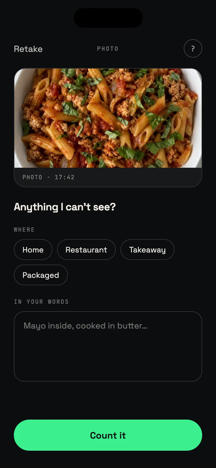 Ergänze, was das Foto nicht zeigen kann: selbst gekocht, Restaurant, zum Mitnehmen oder abgepackt
