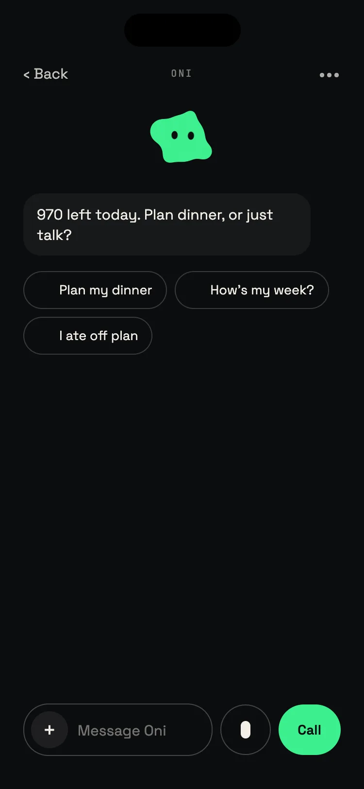 Chat with Oni: 970 left today. Plan dinner, or just talk?