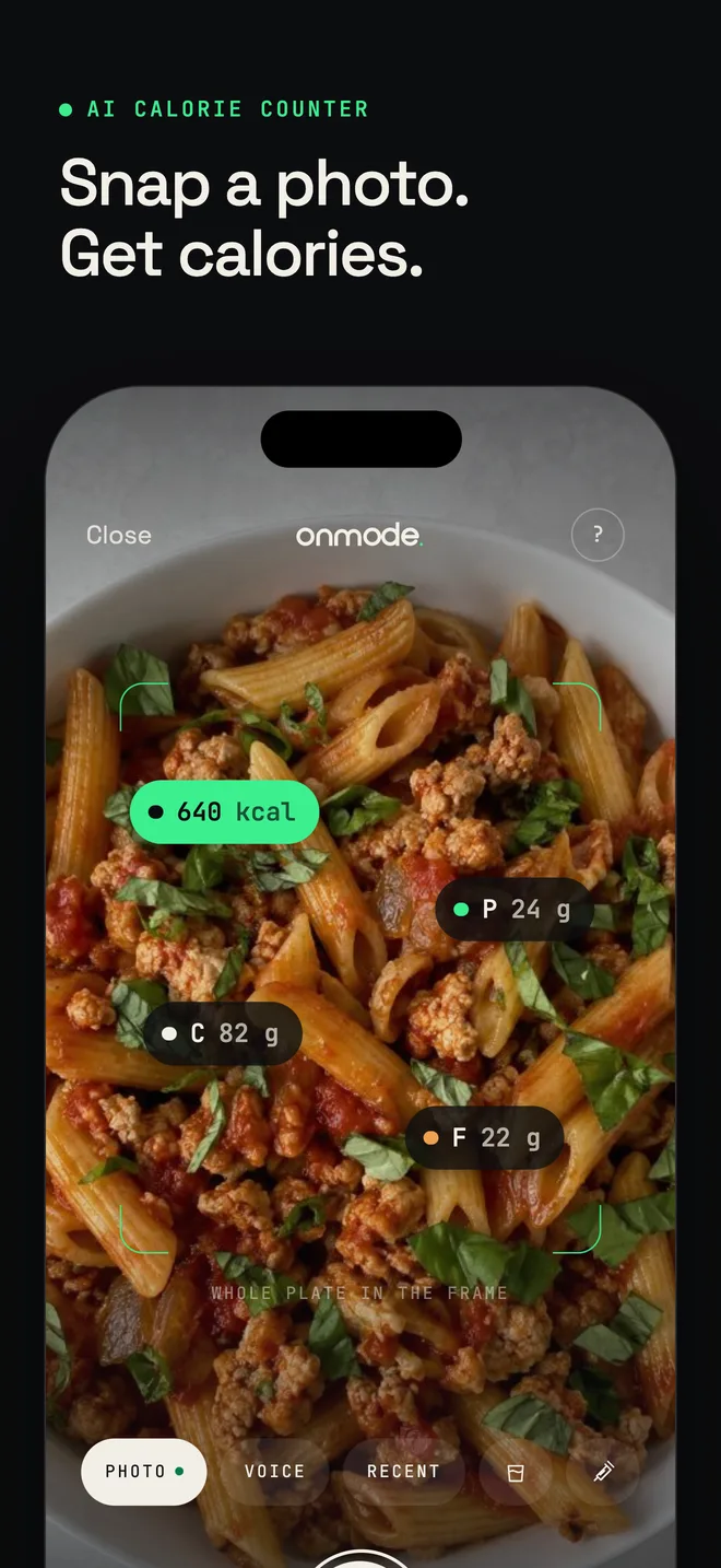 Onmode App Store screenshot: Snap a photo. Get calories.