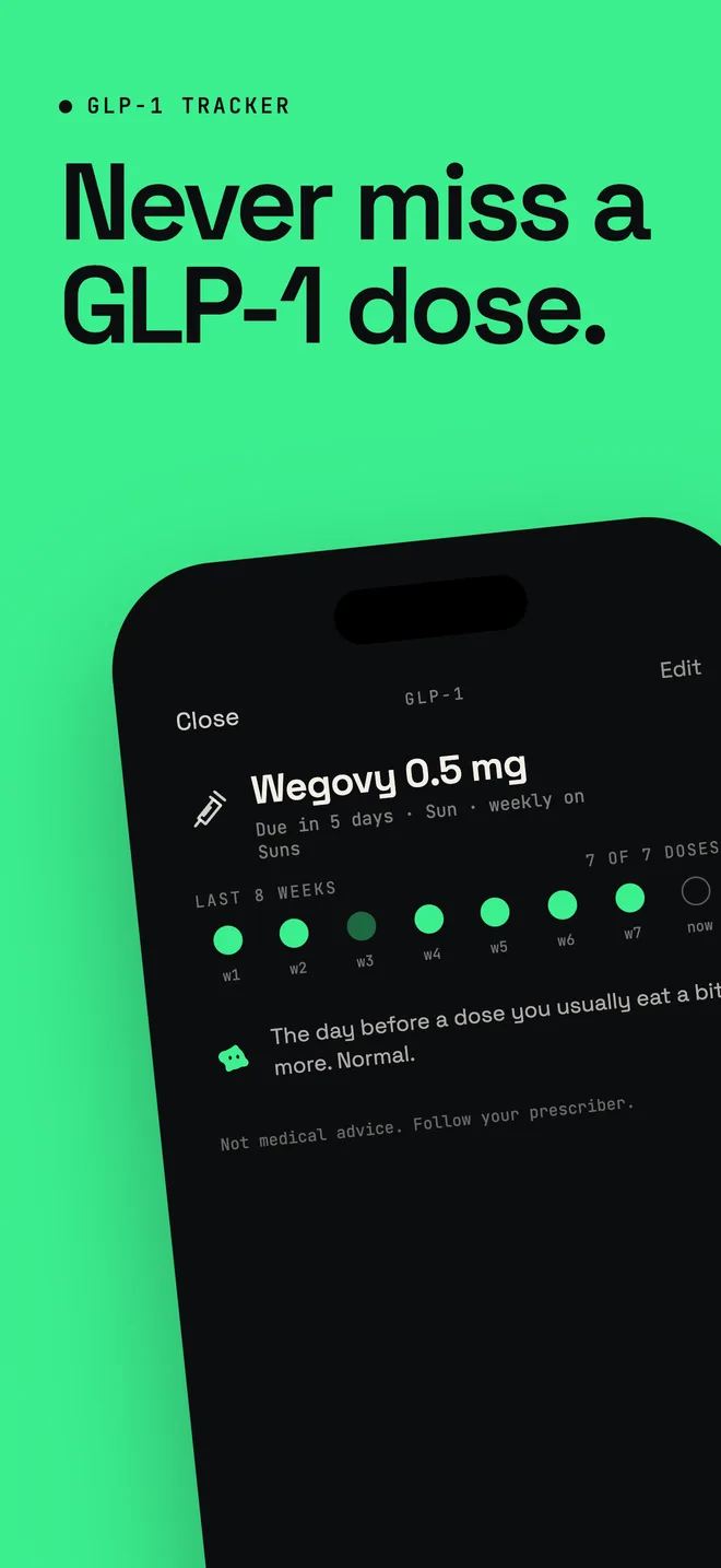 Onmode App Store screenshot: Never miss a GLP-1 dose.