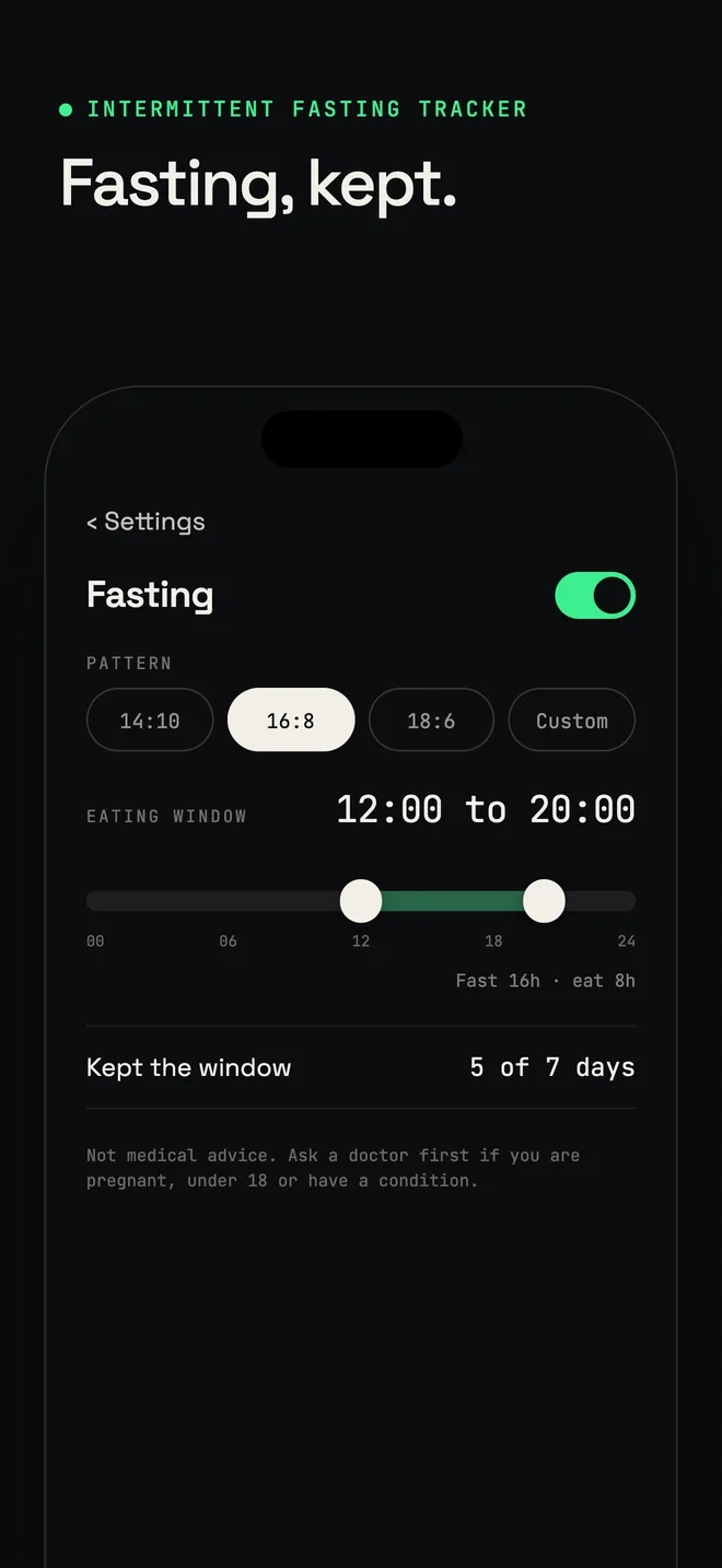 Onmode App Store screenshot: Fasting, kept.