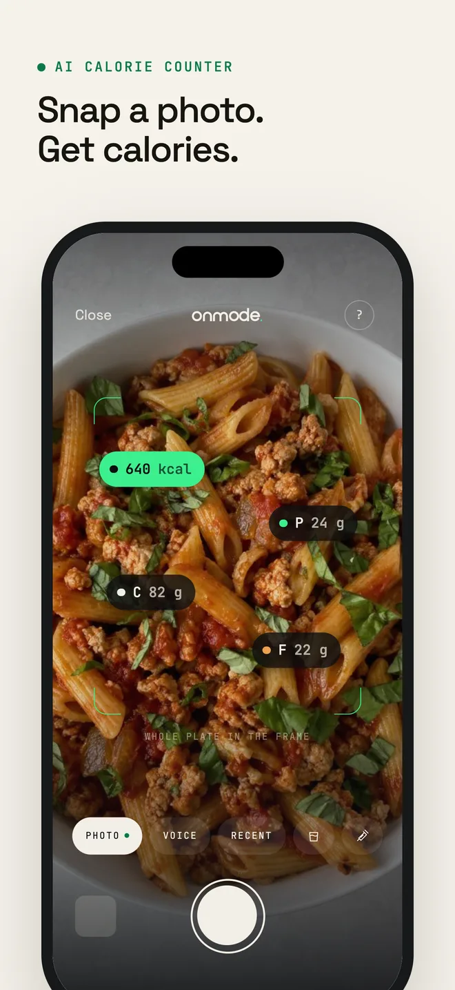Capture d'écran d'Onmode sur l'App Store : Une photo. Vos calories.