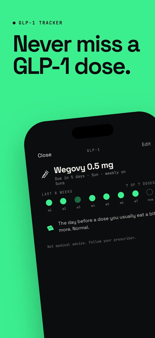Capture d'écran d'Onmode sur l'App Store : Ne manquez plus une dose de GLP-1.